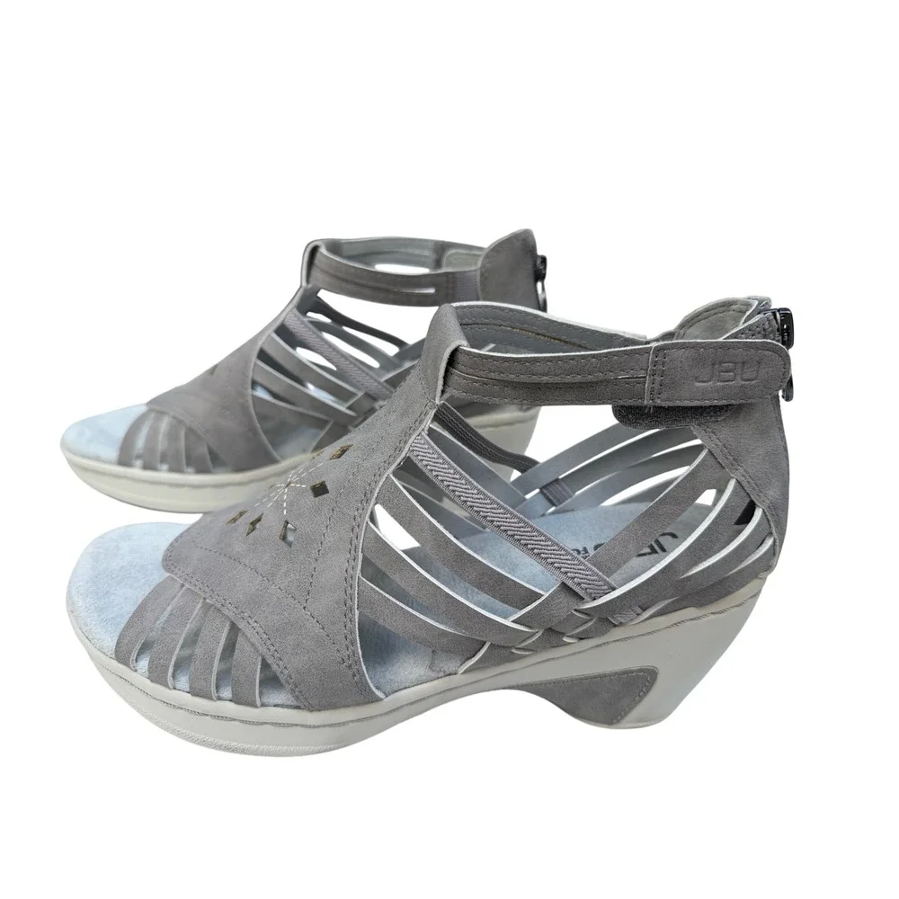 JBU Rowan Wedge Sandals Womens 7.5M Grey‎ Laser Cut Strappy Gladiator Comfort